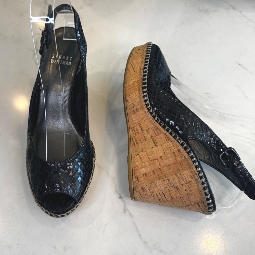 Stuart Weitzman Women 6.5 Black Snakeskin Embossed‎ Cork Wedge Slingback Sandals